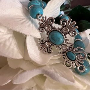 Sideway Cross Silver and Turquoise Bead Stretch Bracelet